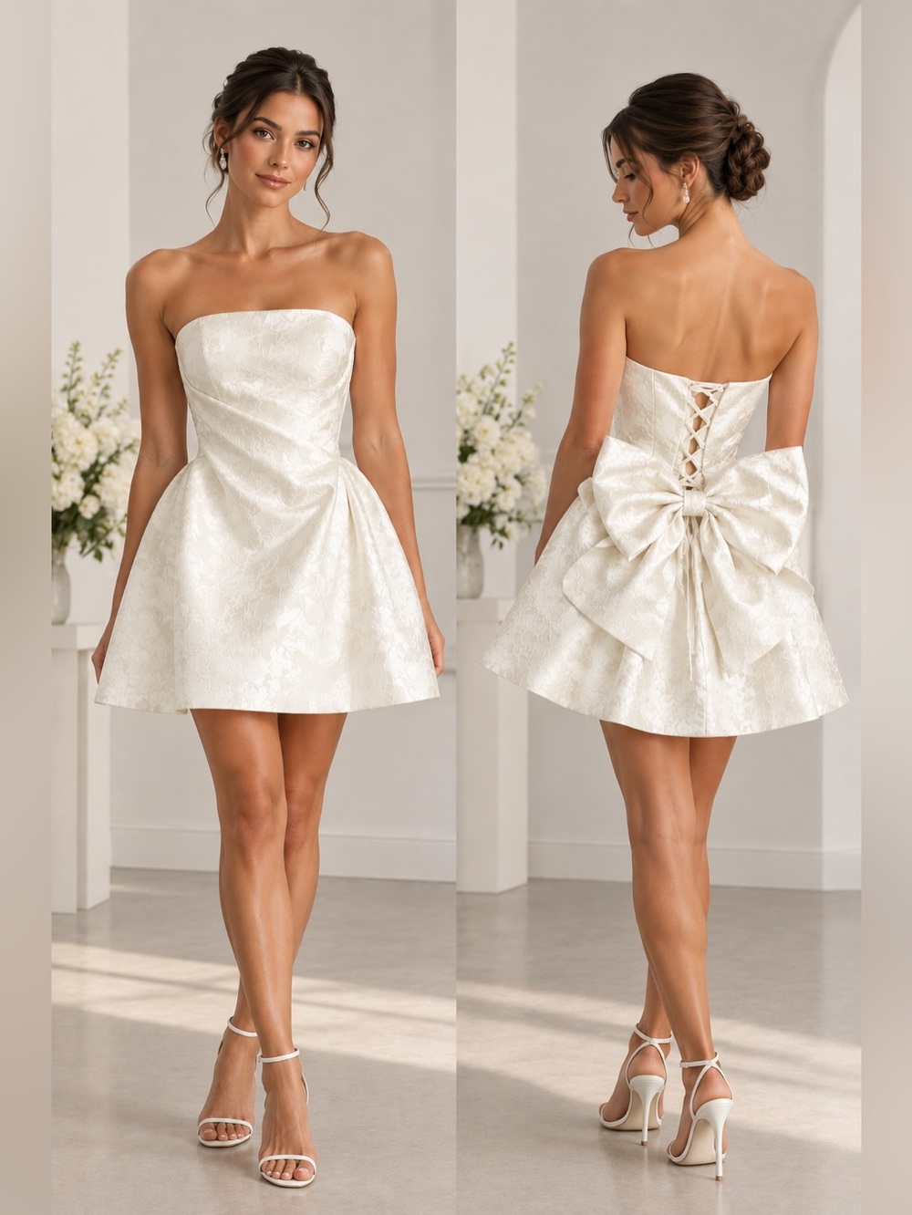 BNWT Strapless Ivory Jacquard Dress with Detachable Bow Back
